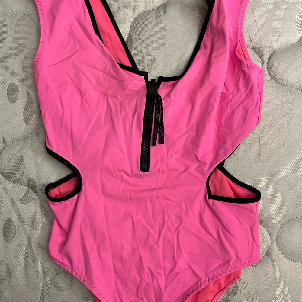 Zara Neon Pink Zipper Cutout One-Piece Swimsuit with Black Trim